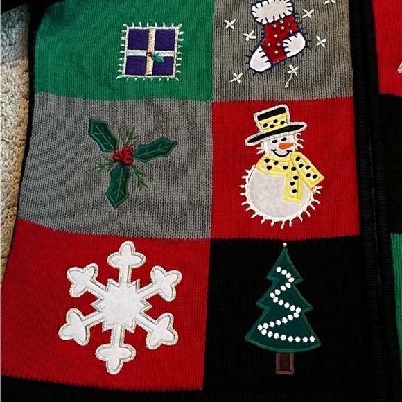 Y2K Ugly Christmas Sweater Patchwork Applique Knit Full Zip Large Petite - Picture 5 of 9
